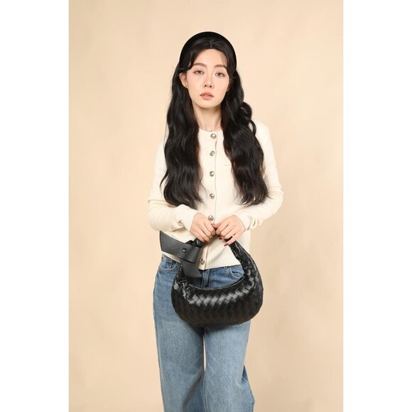 Leather Woven Knot Clutch Dumpling Hobo Top Handle Bag for Women with Elegant Ha - Picture 4 of 7